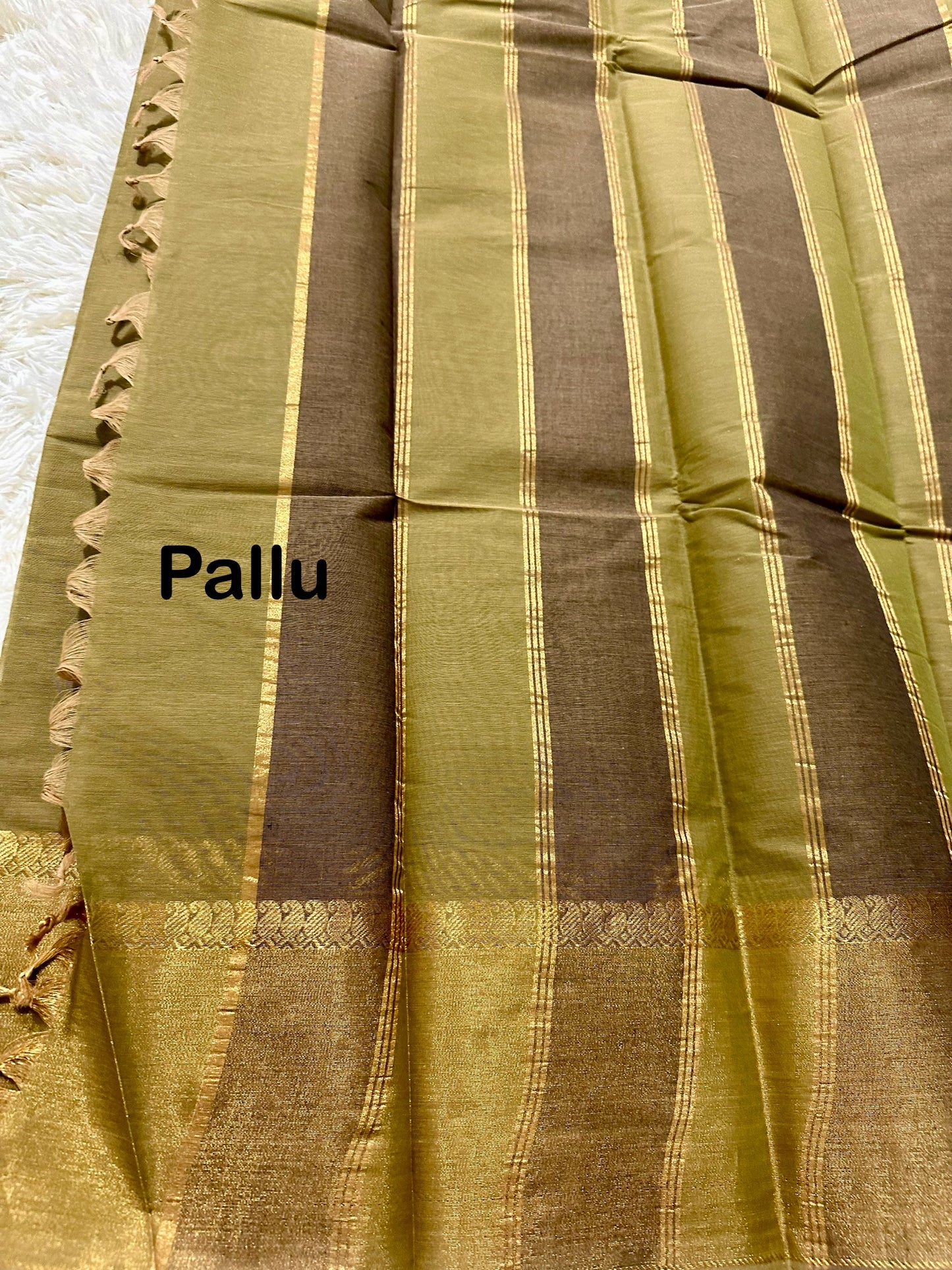 Olive green cotton saree with gold jari