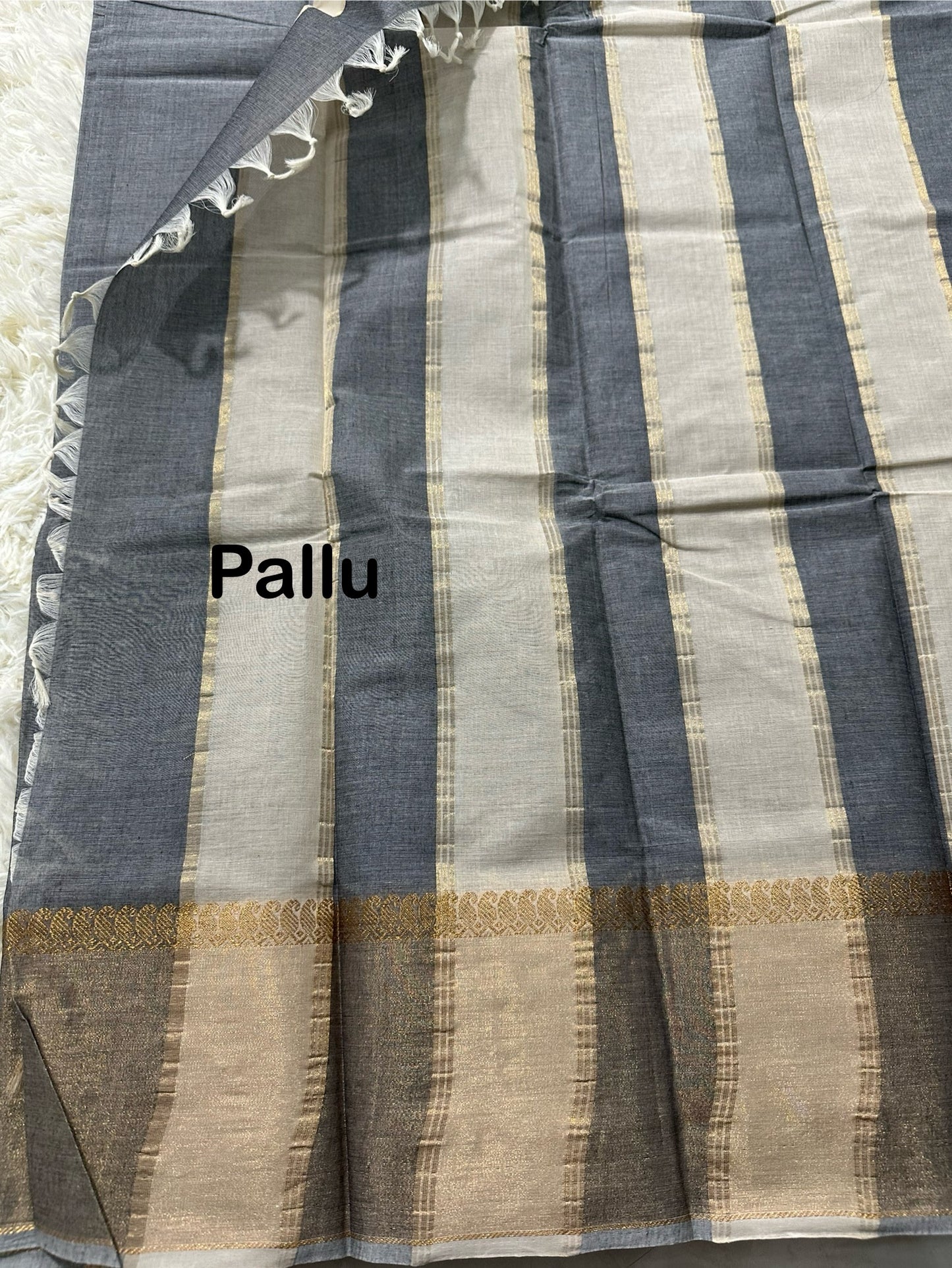 Grey cotton saree with gold jari