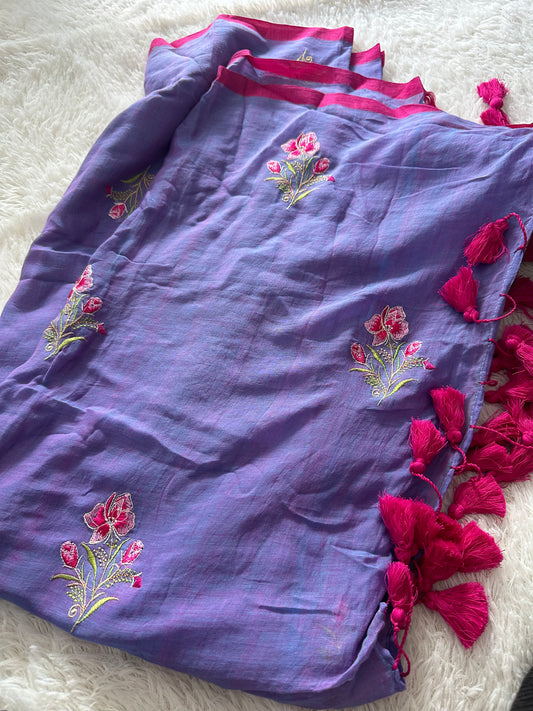 Mul embroidery saree