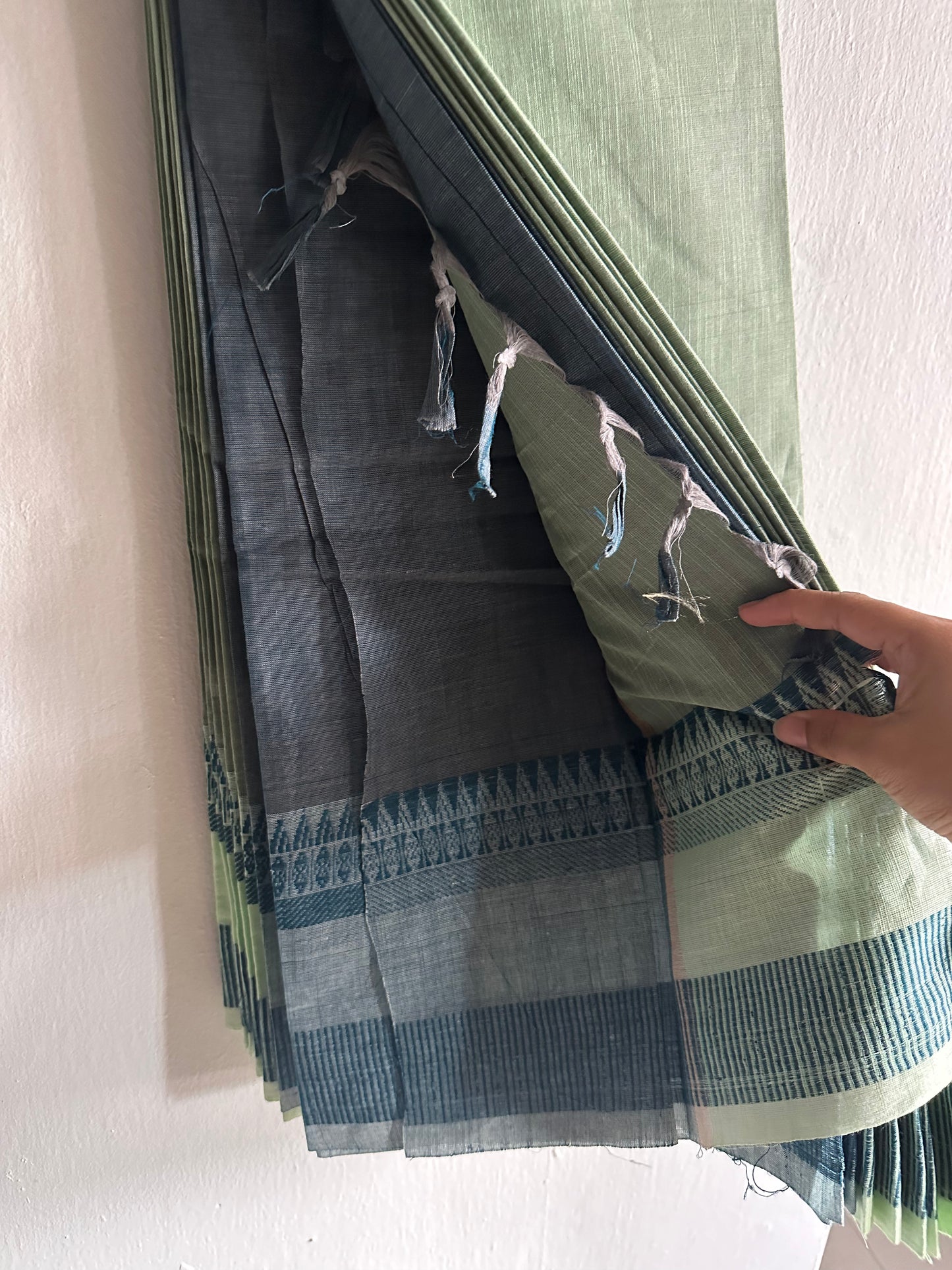 Spearmint blend with steel blue grey handloom saree