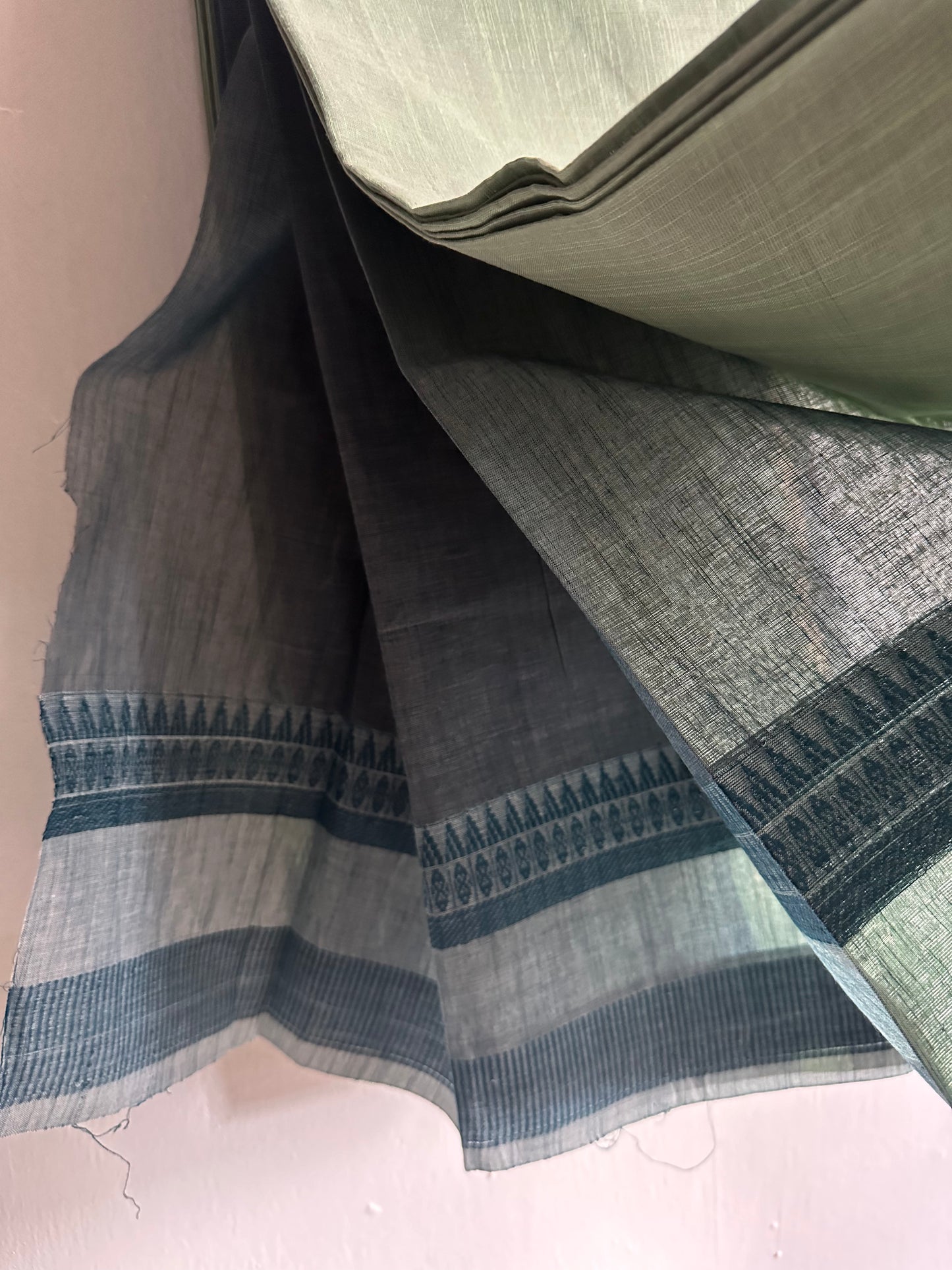 Spearmint blend with steel blue grey handloom saree