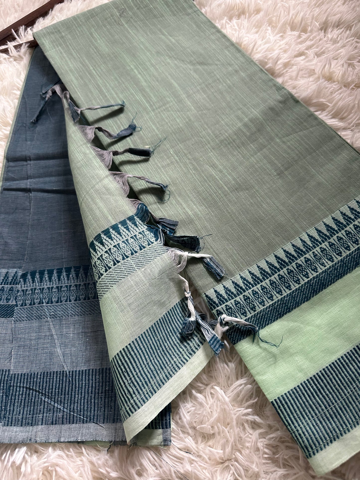 Spearmint blend with steel blue grey handloom saree